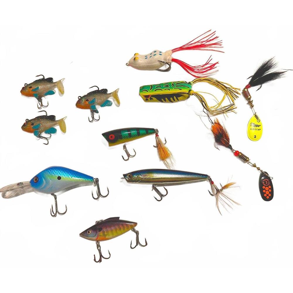 11 Assorted Fishing Lures Bronzeye frog sunfish mepps dredger, etc
